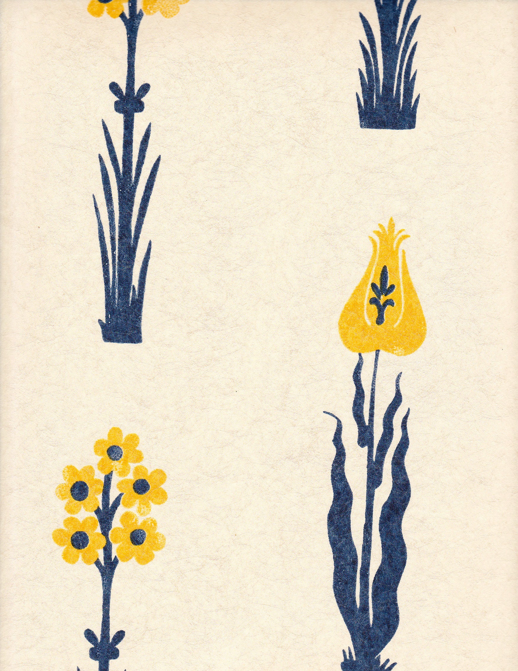 Detail of wallpaper in a playful floral print in navy and yellow on a cream field.