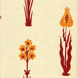 Detail of wallpaper in a playful floral print in red and orange on a cream field.