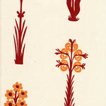 Detail of fabric in a playful floral print in red and orange on a cream field.