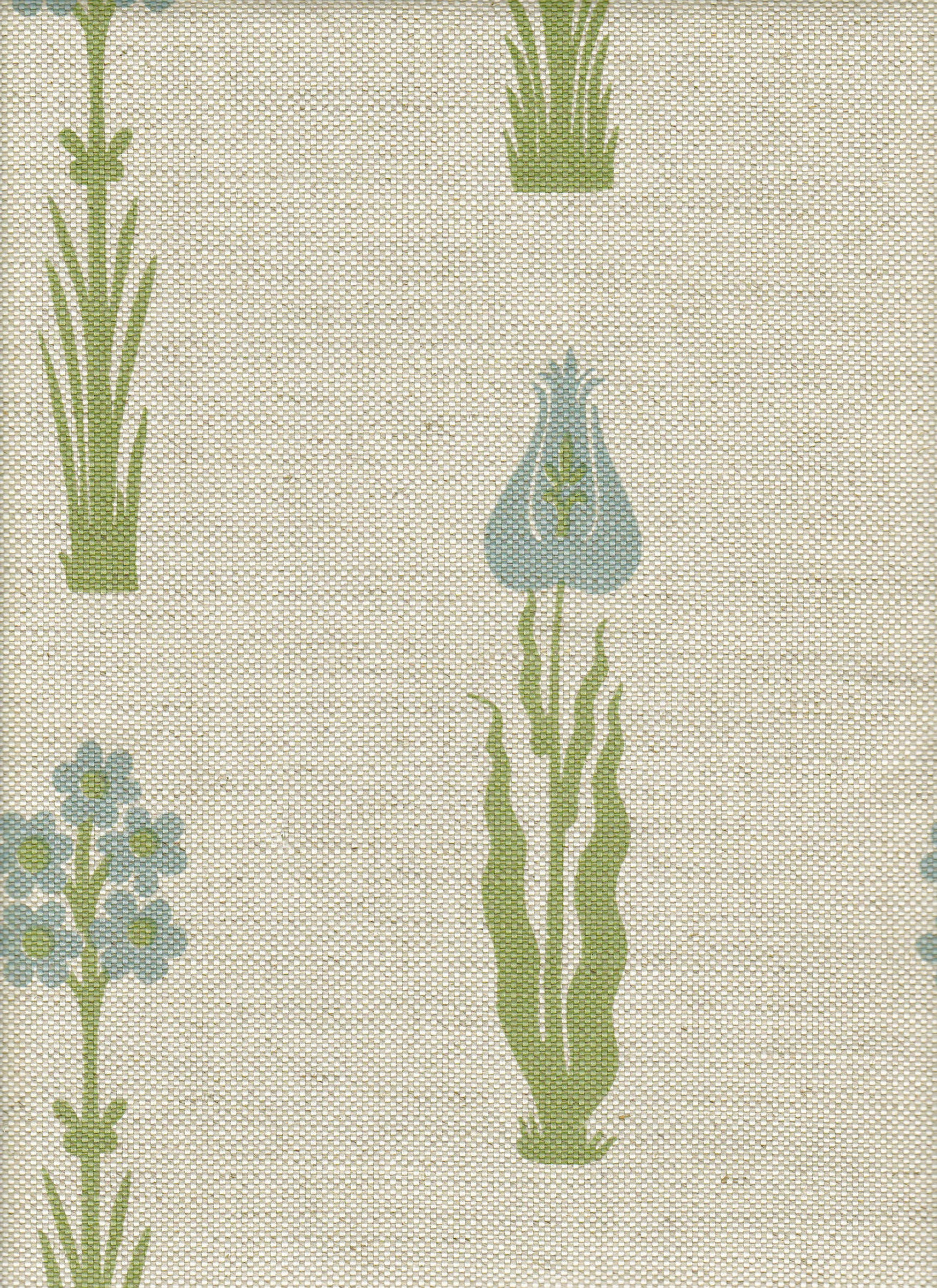 Detail of fabric in a playful floral print in blue and green on a cream field.