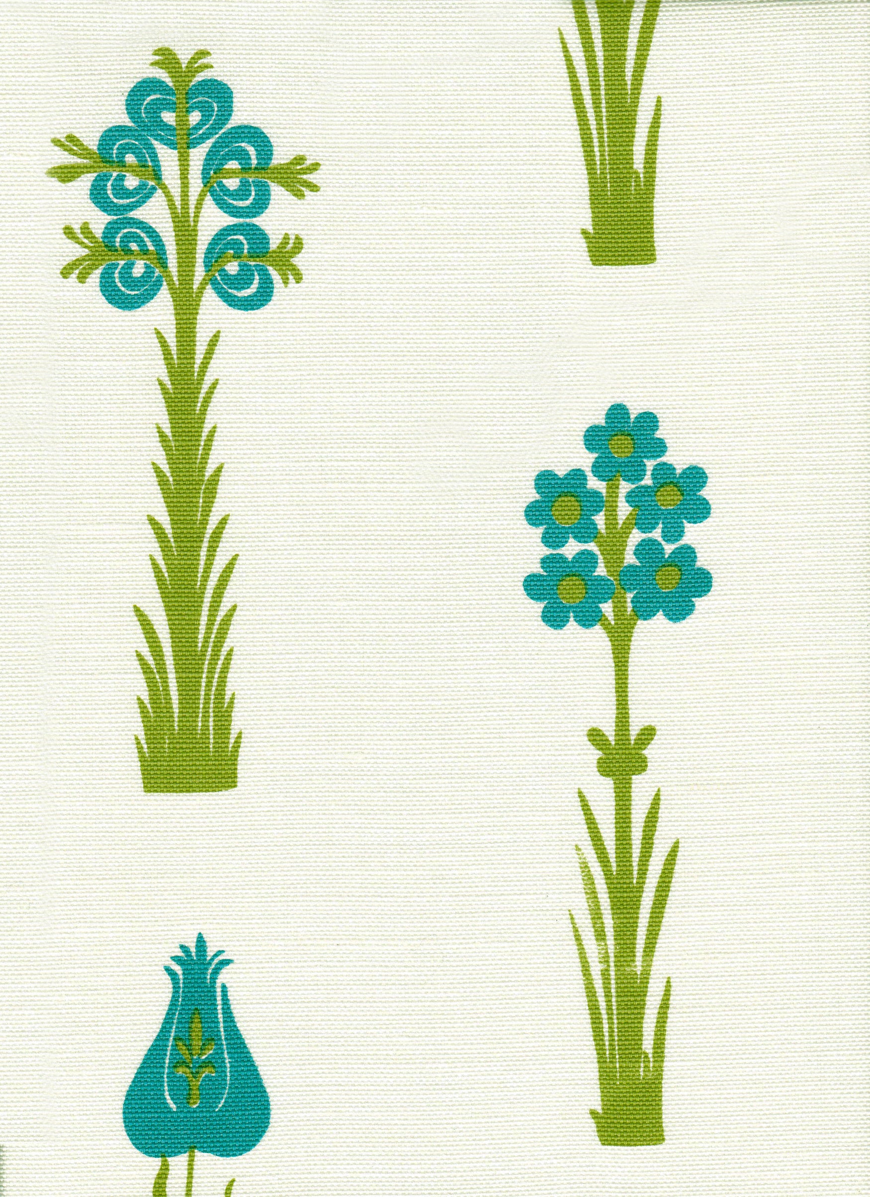 Detail of fabric in a playful floral print in green and turquoise on a cream field.