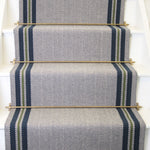 Striped flatweave runner in light grey blue and green on white staircase