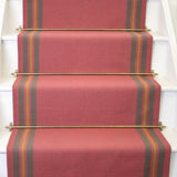 Striped flatweave runner in pink, grey and yellow on white staircase