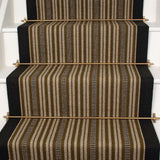 Striped flatweave runner in brown cream and black on white staircase