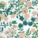 Floral pattern with pink, green, and blue flowers on a white background