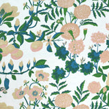 Floral pattern with pink, green, and blue flowers on a white background