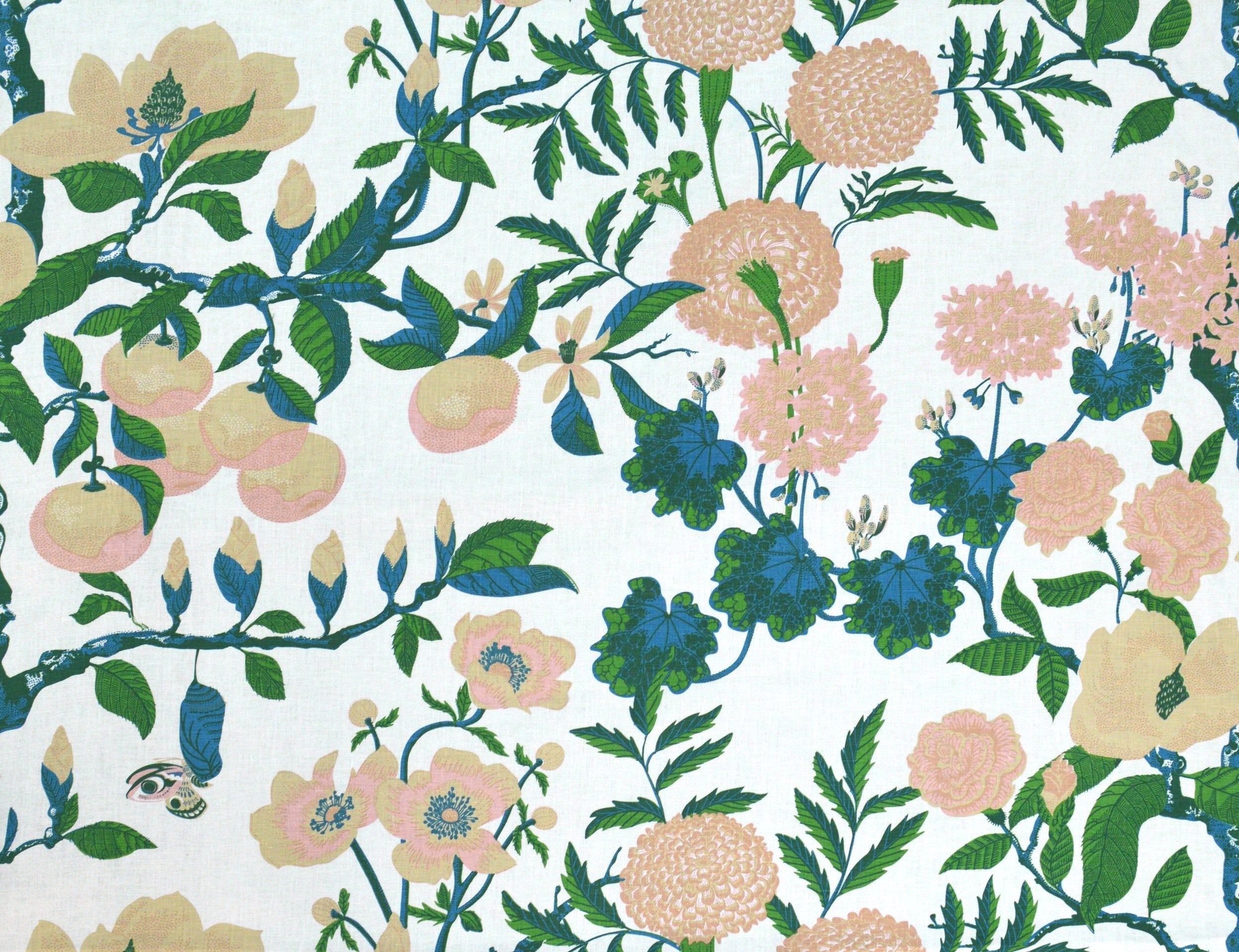 Floral pattern with pink, green, and blue flowers on a white background