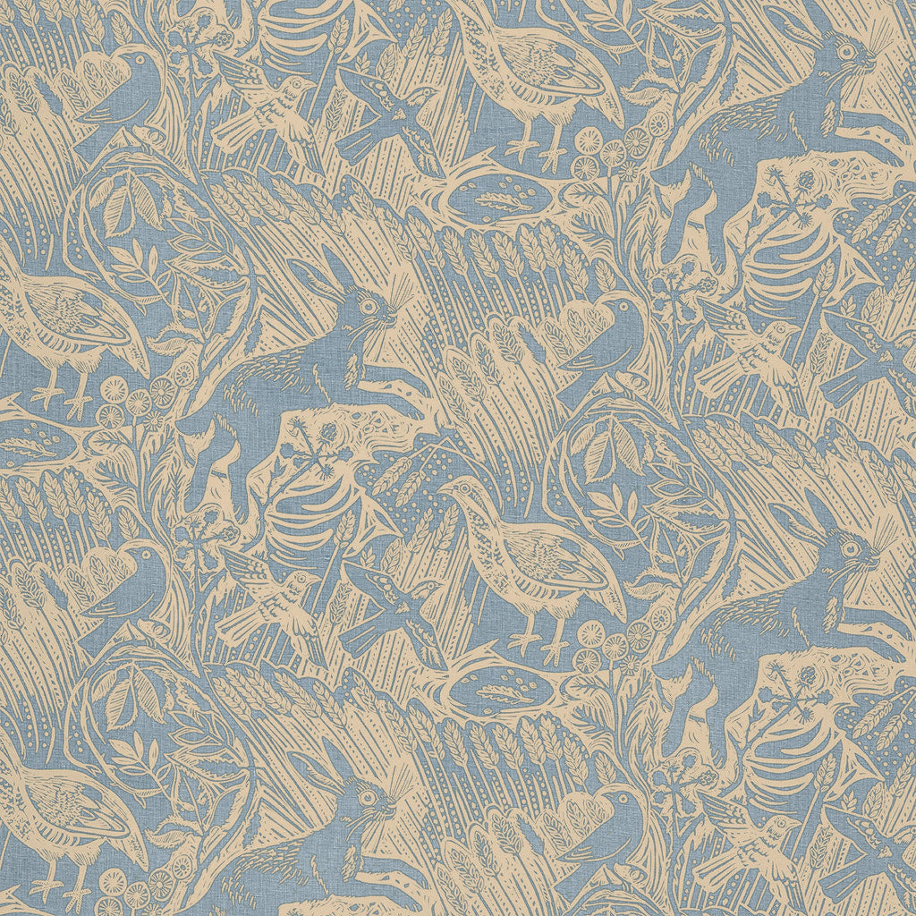 Detail of wallpaper in a playful rabbit and bird print in tan on a dusty blue field.