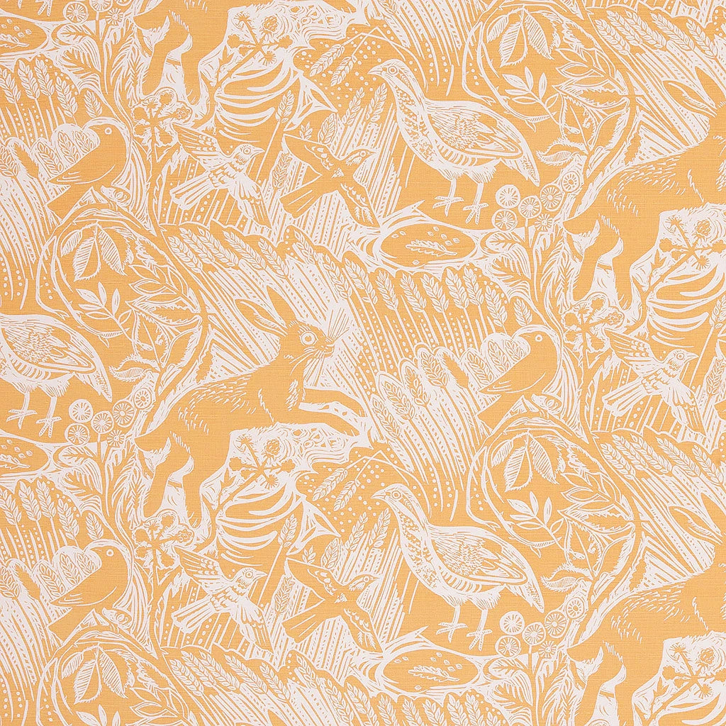 Detail of wallpaper in a playful rabbit and bird print in white on a yellow field.