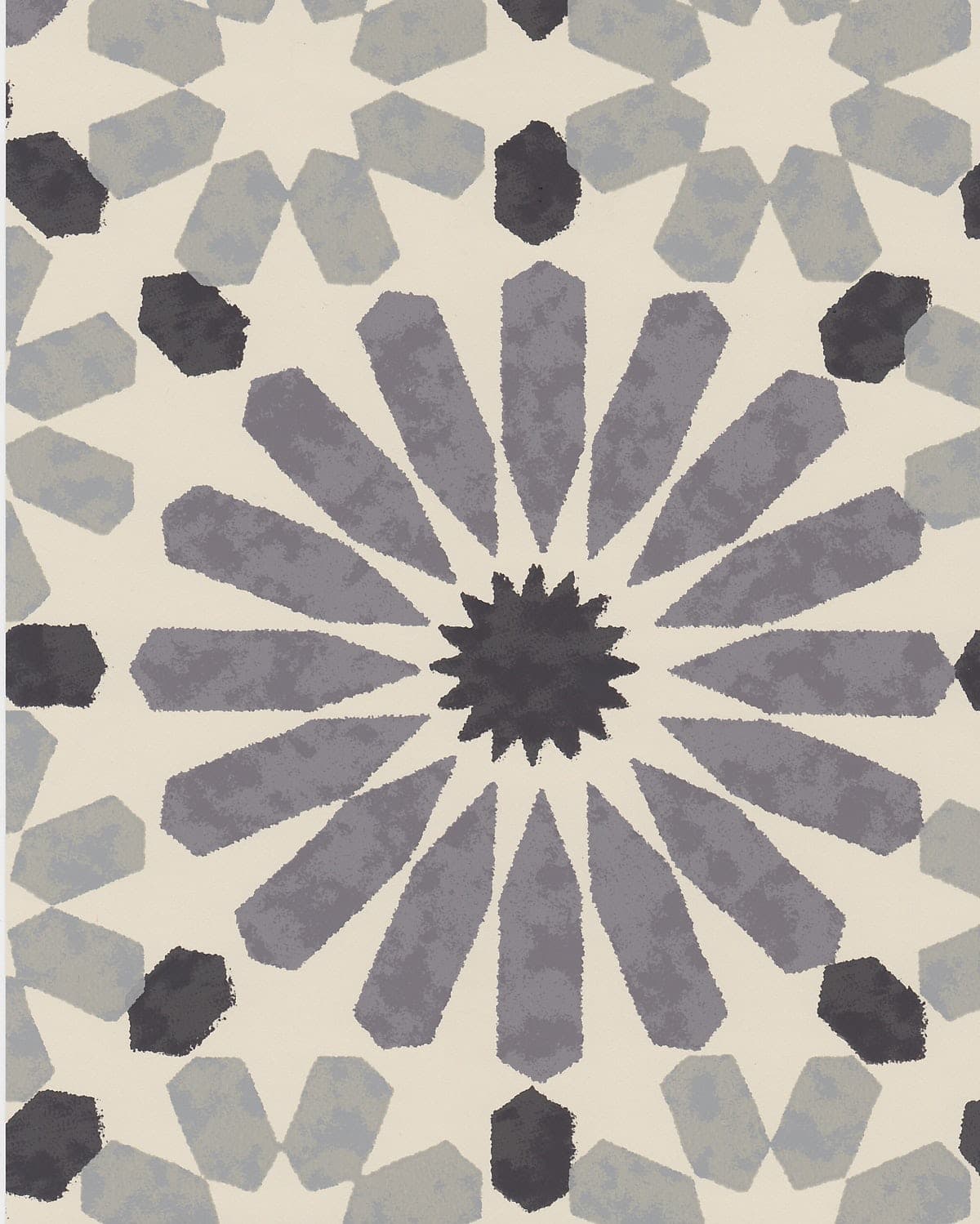 Detail of wallpaper in a geometric lattice print in shades of black, blue and gray on a cream field.