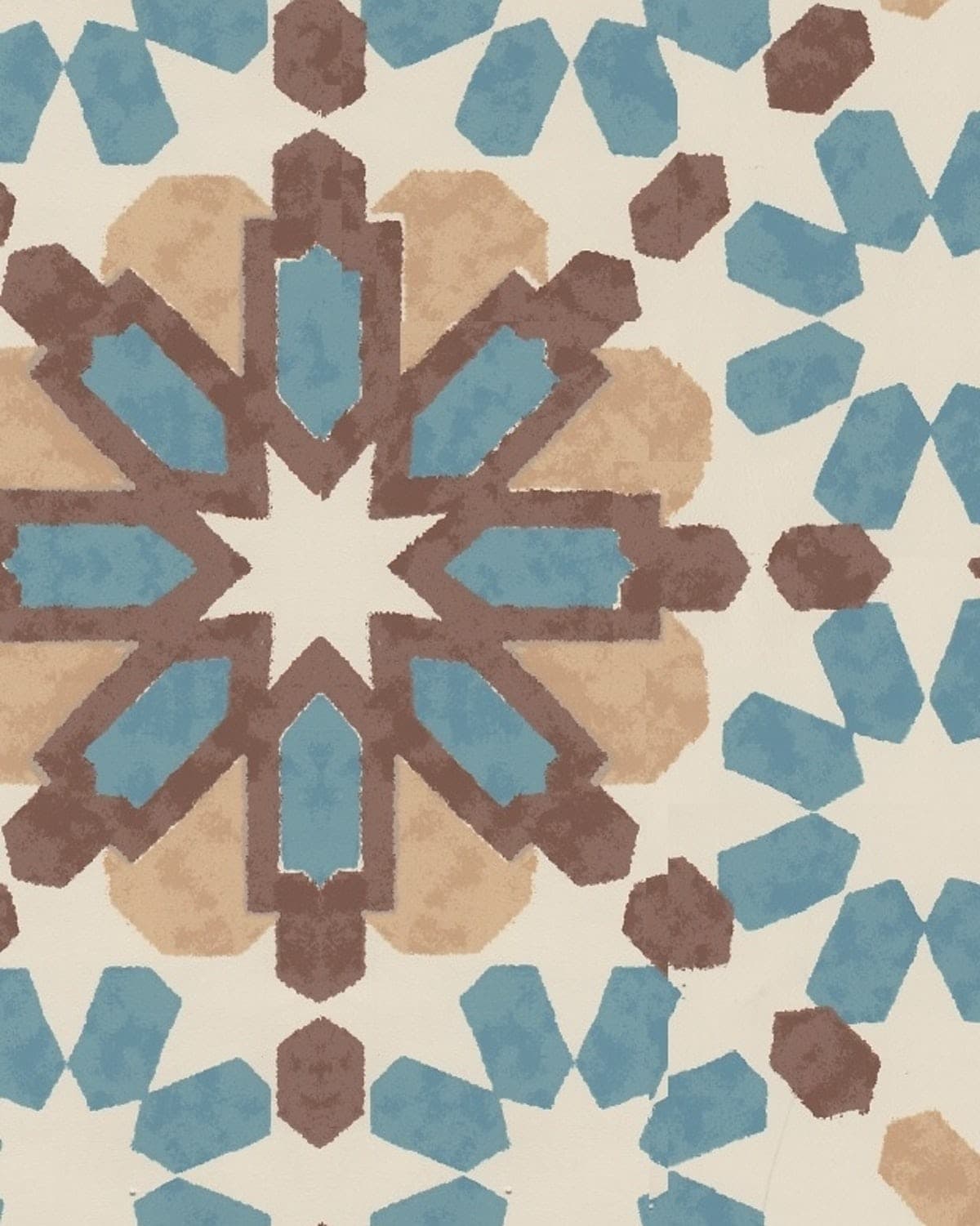 Detail of wallpaper in a geometric lattice print in shades of blue, brown and yellow on a cream field.