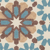 Detail of wallpaper in a geometric lattice print in shades of blue, brown and yellow on a cream field.