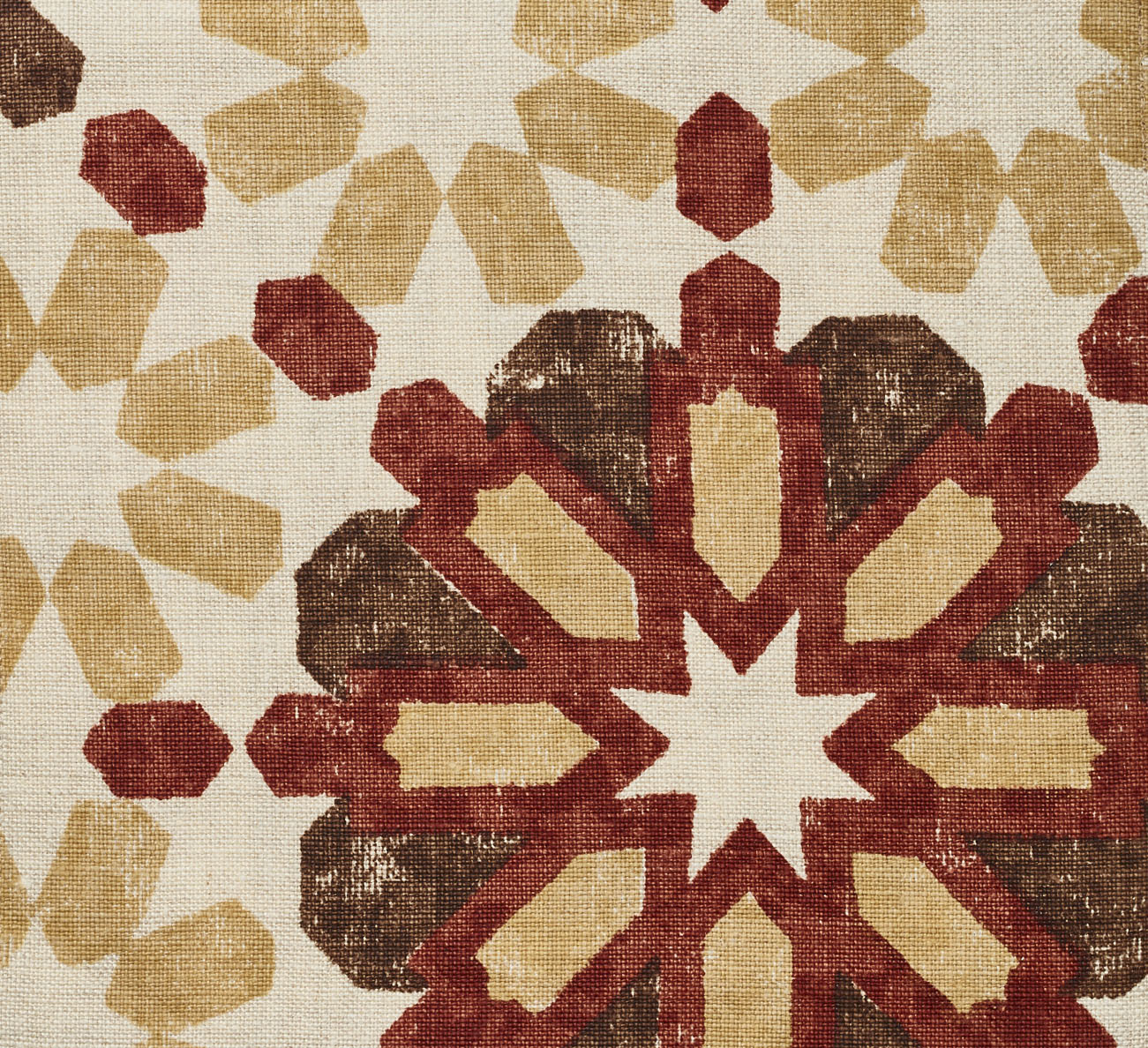 Detail of fabric in a geometric lattice print in shades of yellow, red and brown on a cream field.