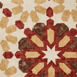 Detail of fabric in a geometric lattice print in shades of yellow, red and brown on a cream field.