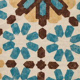 Detail of fabric in a geometric lattice print in shades of blue, brown and yellow on a cream field.