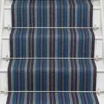 Striped flatweave runner in blue and black on white staircase