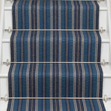 Striped flatweave runner in blue and black on white staircase