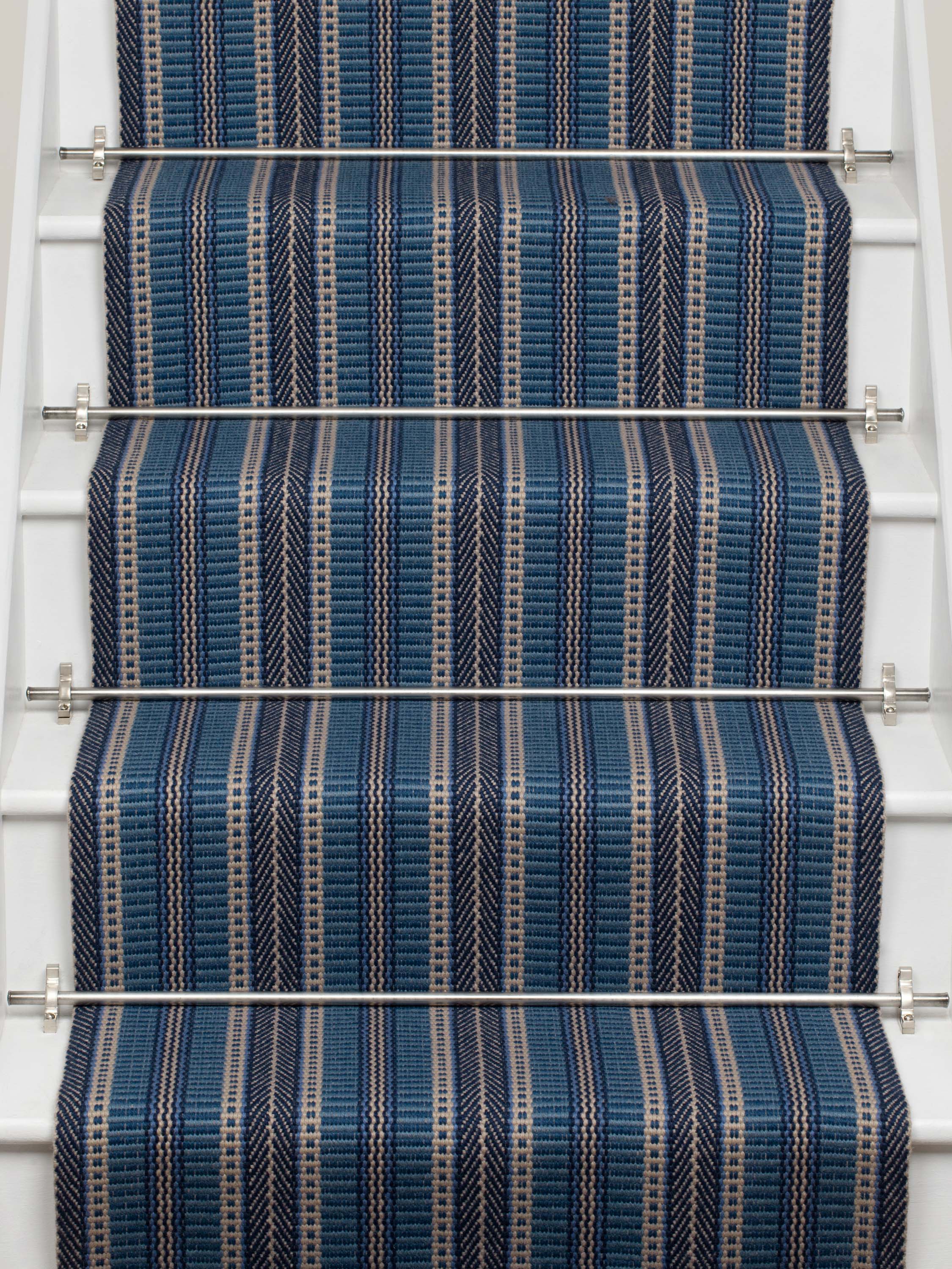 Striped flatweave runner in blue and black on white staircase