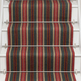 Striped flatweave runner in red and black on white staircase