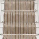 Striped flatweave runner in grey and cream on white staircase