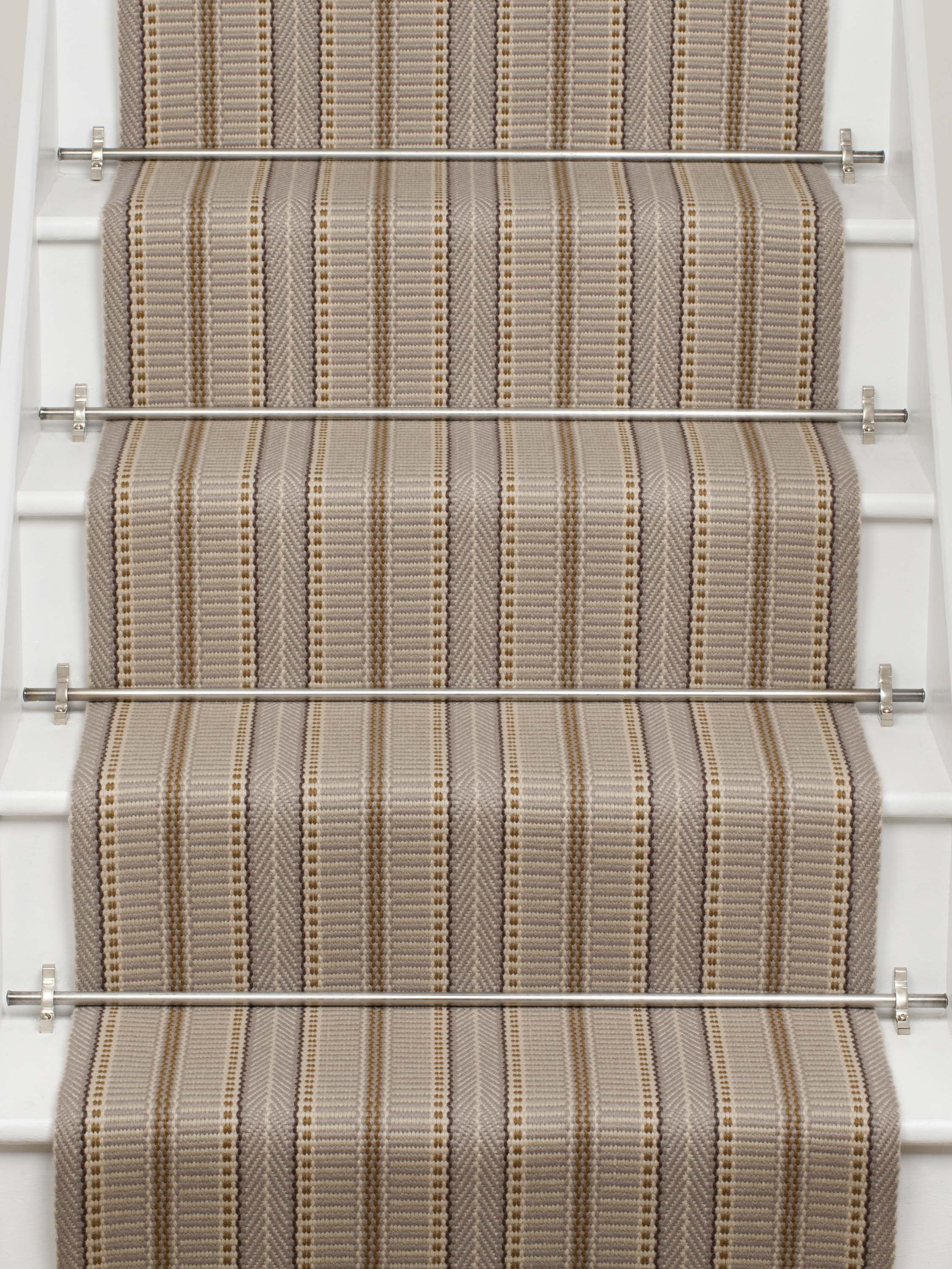 Striped flatweave runner in grey and cream on white staircase