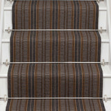 Striped flatweave runner in brown 
 mustard and black on white staircase