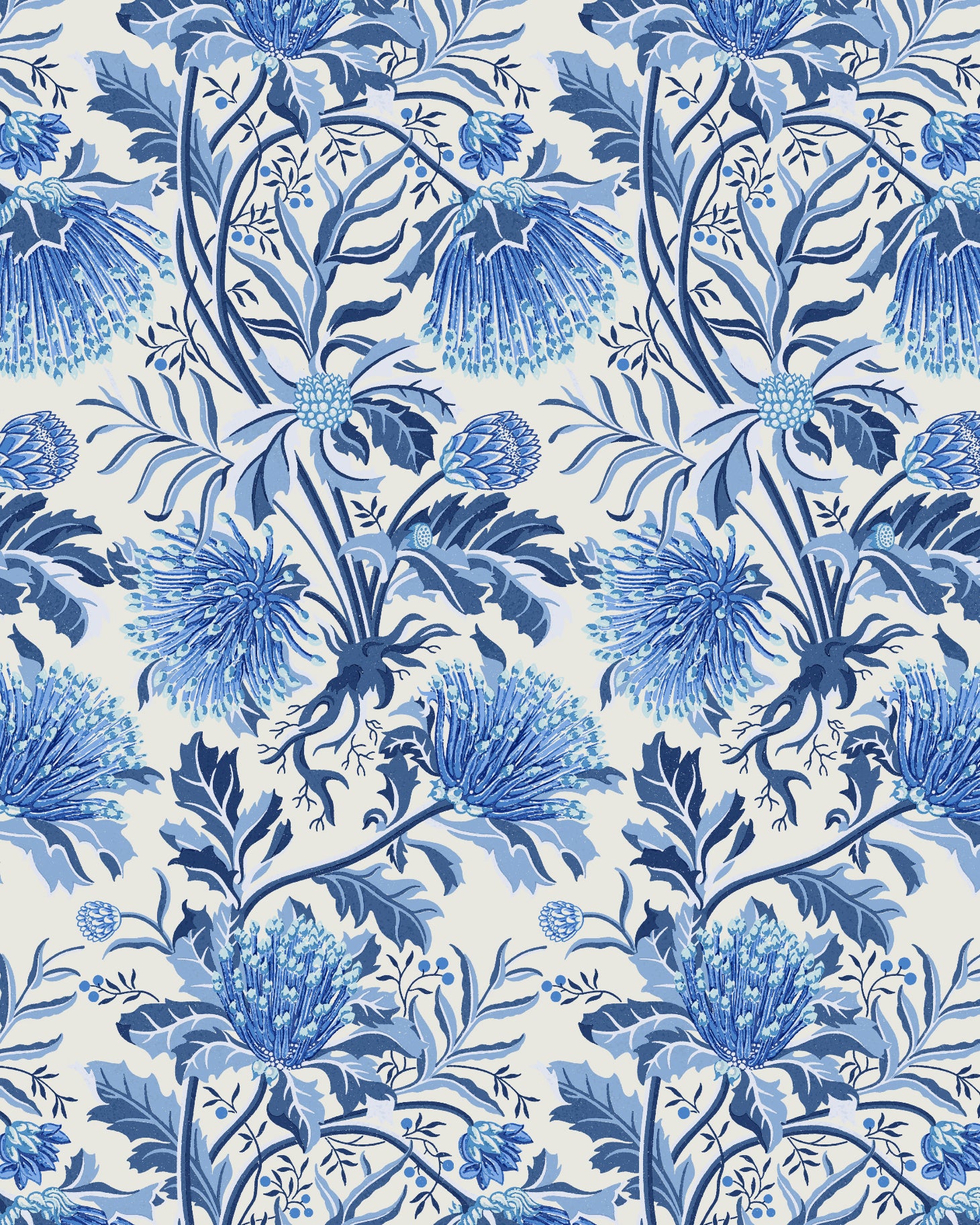 Detail of wallpaper in a dense floral print in shades of blue and navy on a white field.