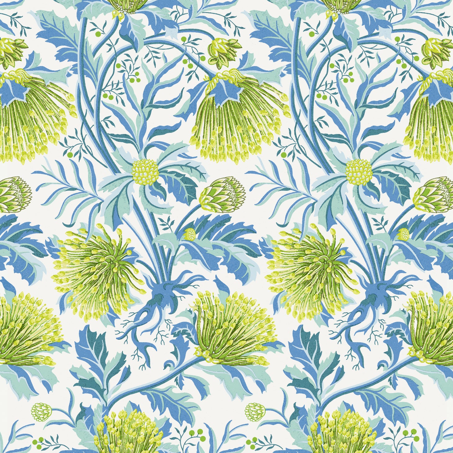 Detail of wallpaper in a painterly floral print in shades of white, blue and navy on a light blue field.