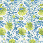 Detail of wallpaper in a painterly floral print in shades of white, blue and navy on a light blue field.