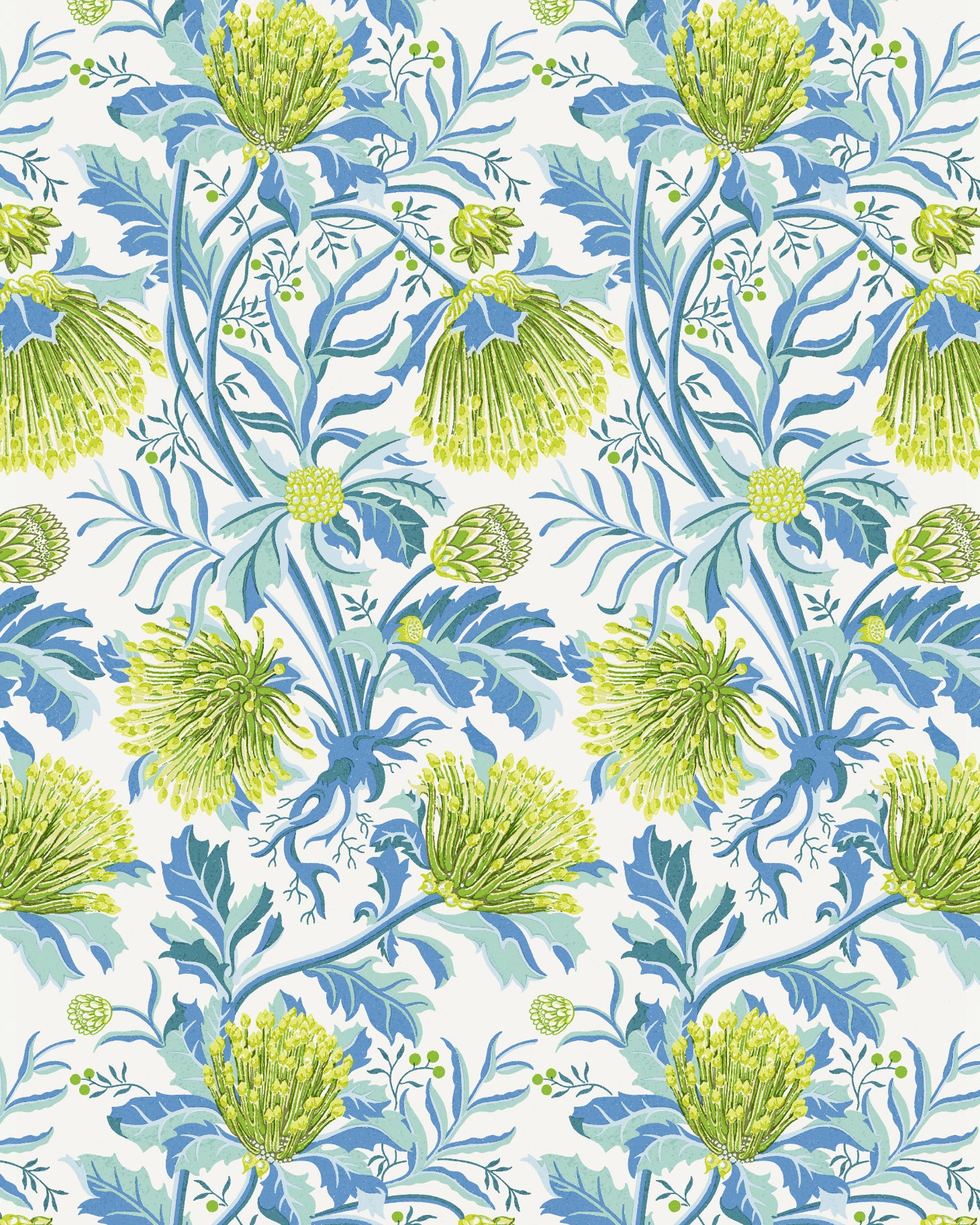 Detail of wallpaper in a painterly floral print in shades of white, blue and navy on a light blue field.