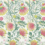Detail of wallpaper in a dense floral print in shades of pink, yellow and green on a white field.