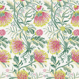 Detail of wallpaper in a dense floral print in shades of pink, yellow and green on a white field.