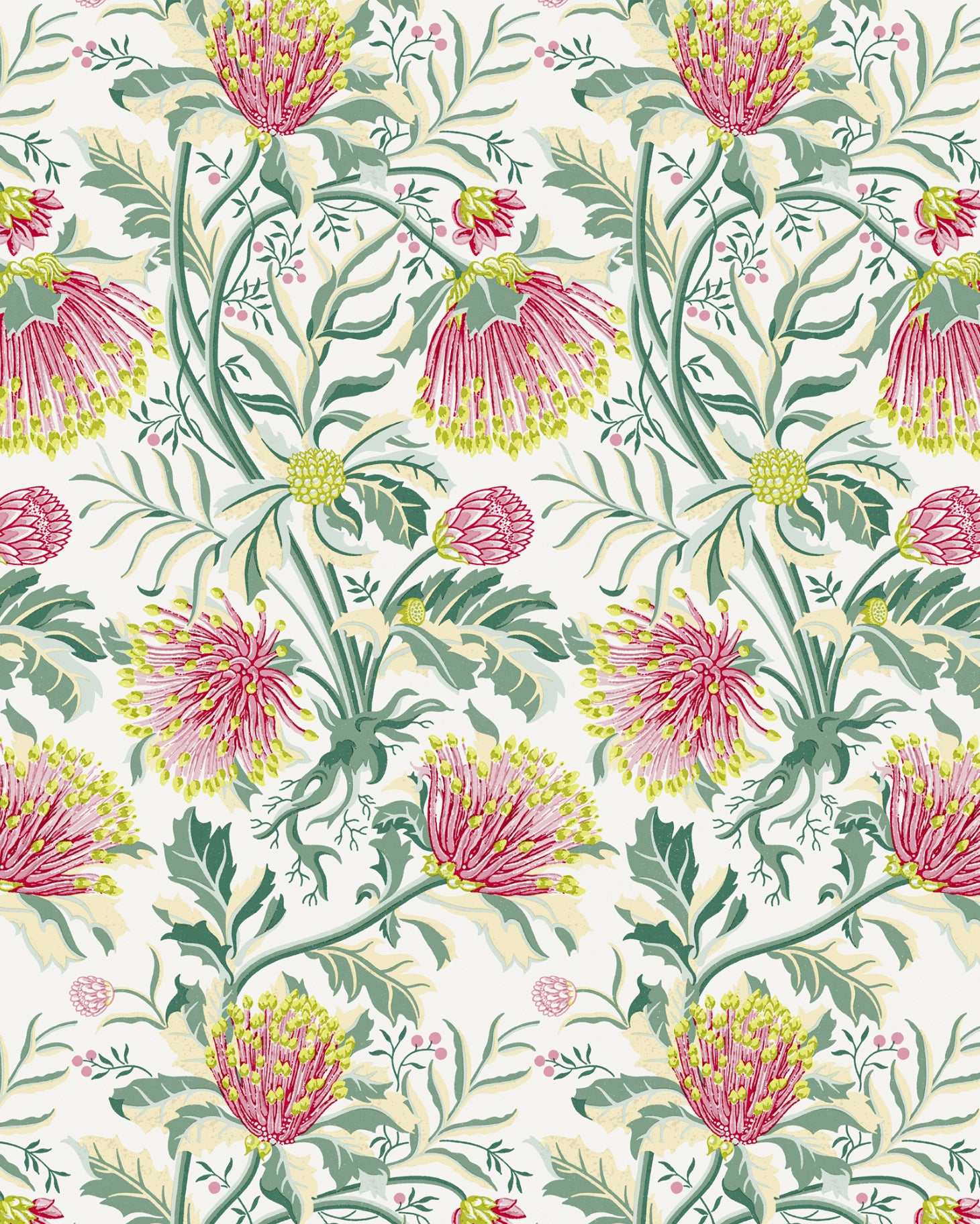 Detail of wallpaper in a dense floral print in shades of pink, yellow and green on a white field.