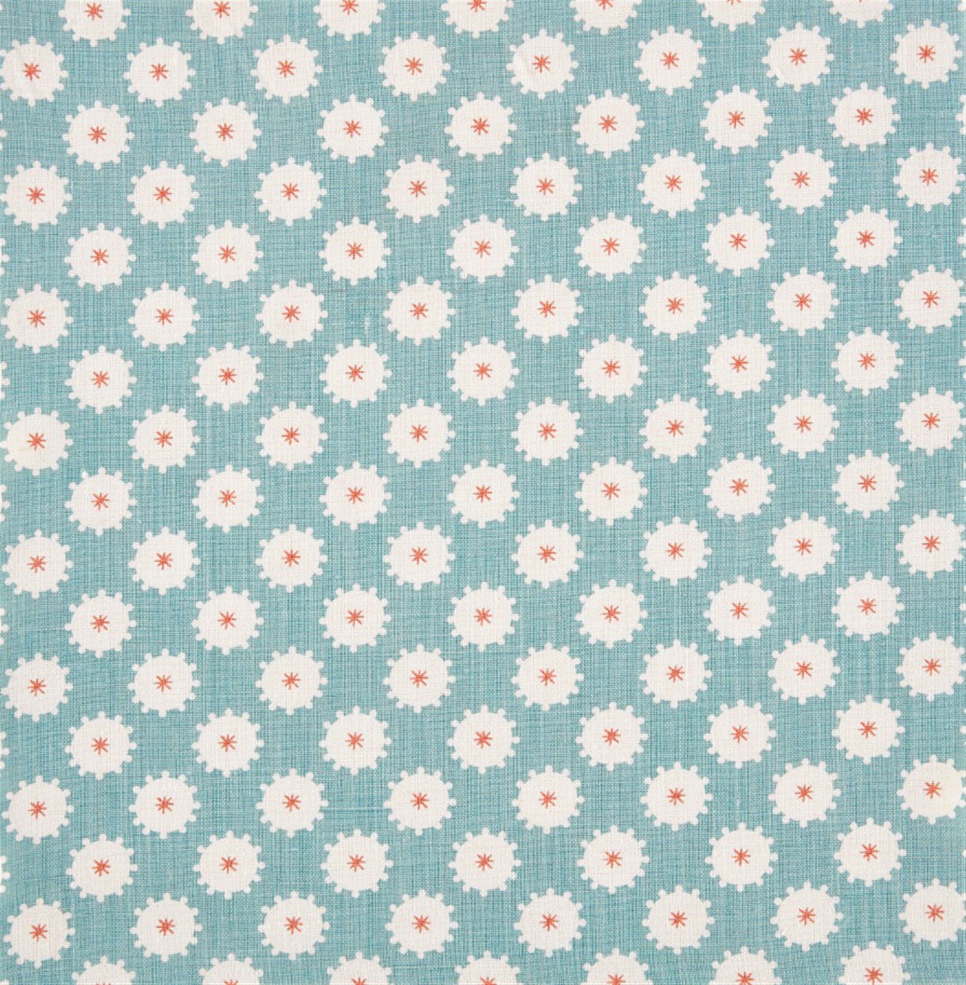 Detail of fabric in a repeating blossom print in white on a light turquoise field.