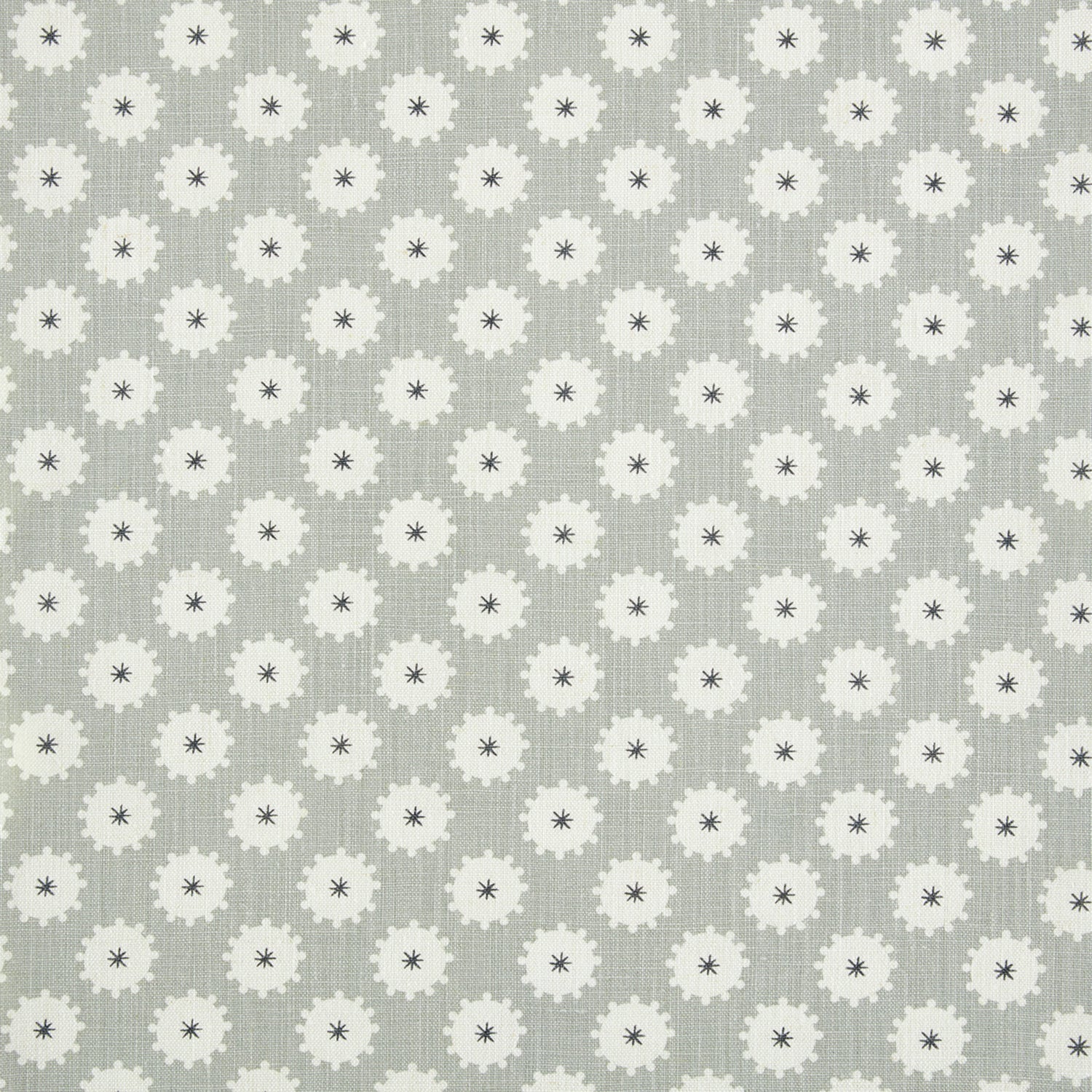 Detail of fabric in a repeating blossom print in white on a gray field.