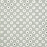 Detail of fabric in a repeating blossom print in white on a gray field.