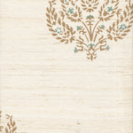 Detail of fabric in a paisley floral print in brown and blue on a cream field.