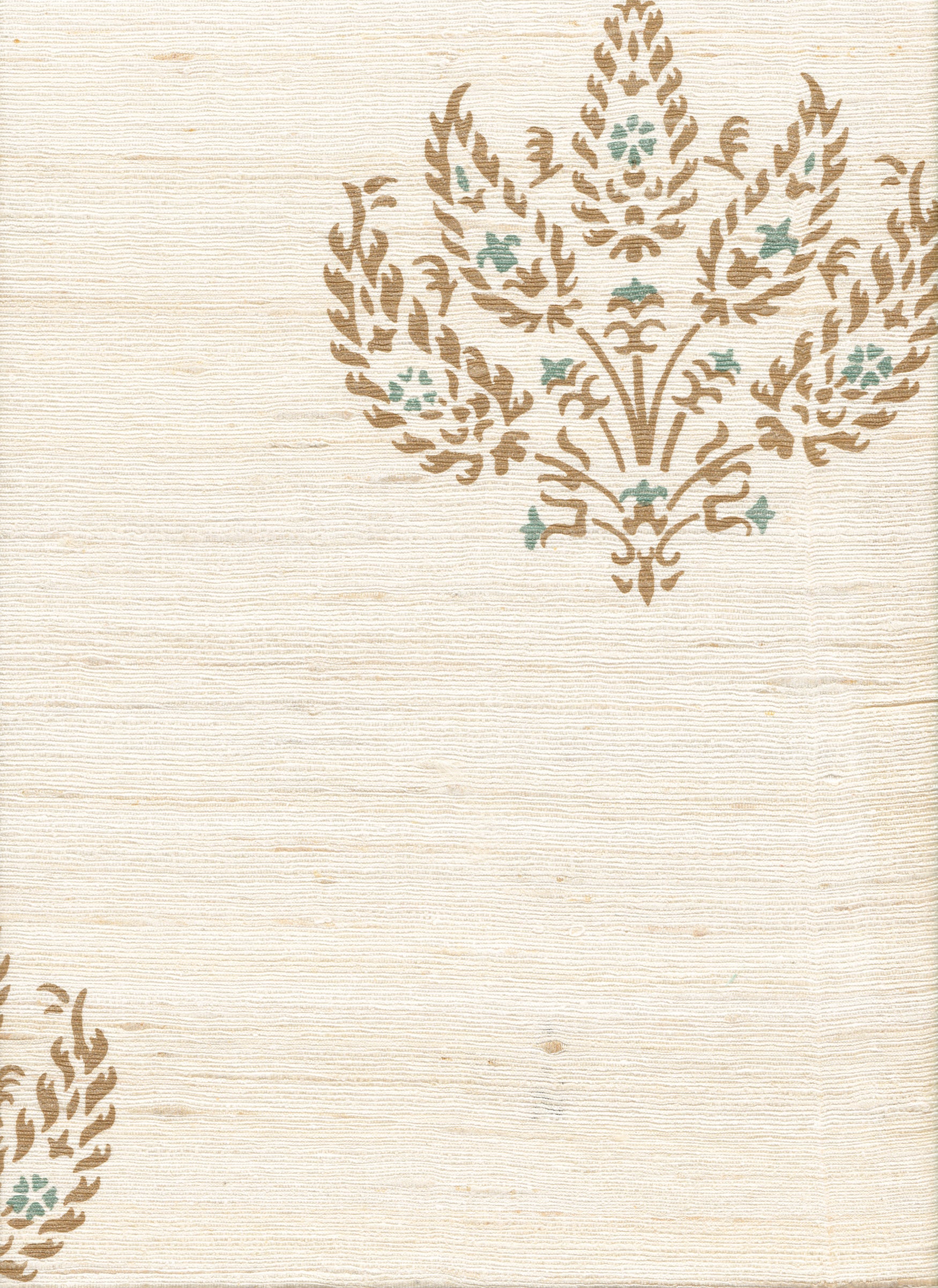 Detail of fabric in a paisley floral print in brown and blue on a cream field.