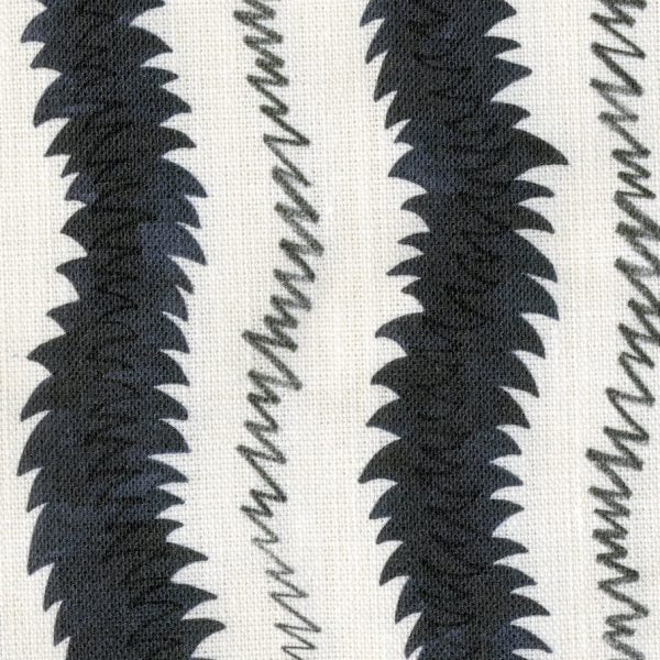Fabric in a painterly meandering stripe print in black and charcoal on a cream field.