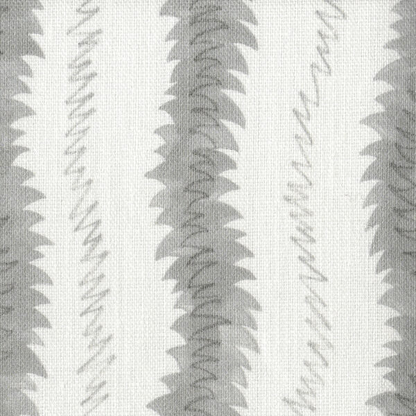 Fabric in a painterly meandering stripe print in shades of gray on a cream field.