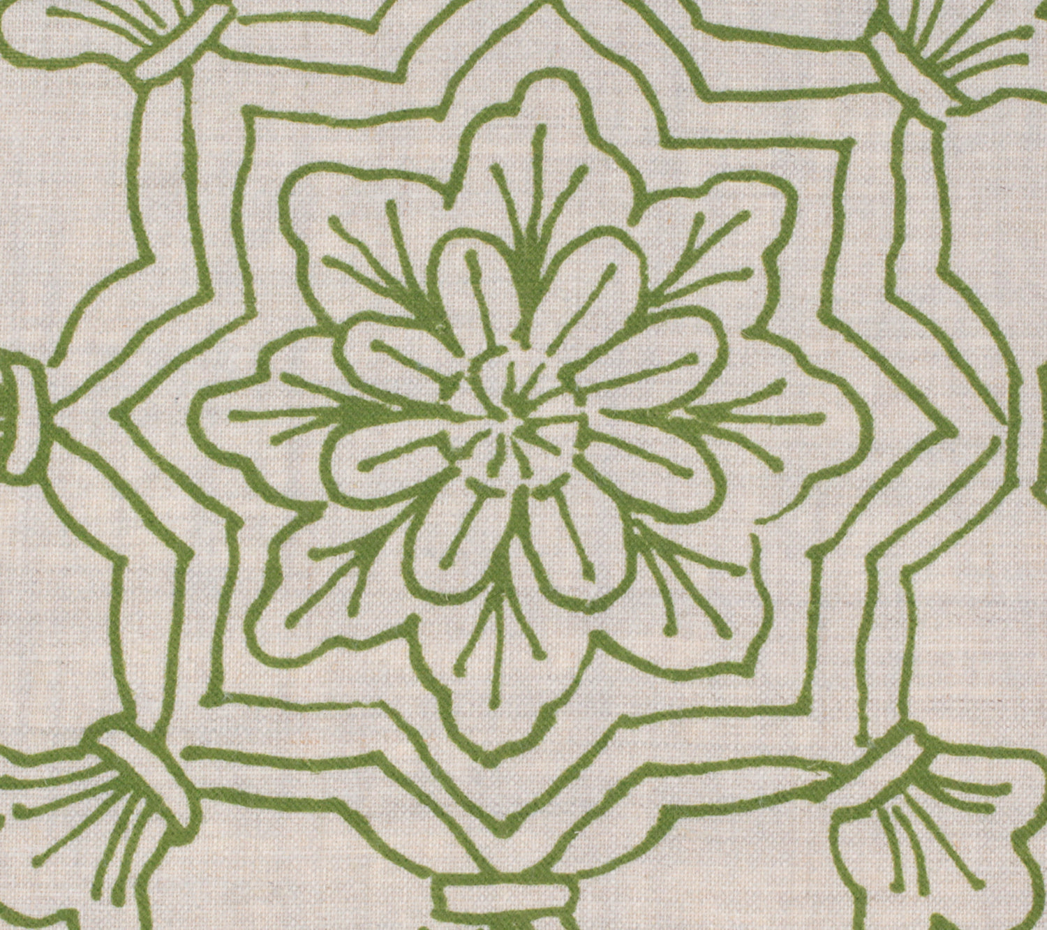 Detail of fabric in a floral medallion print in green on a cream field.