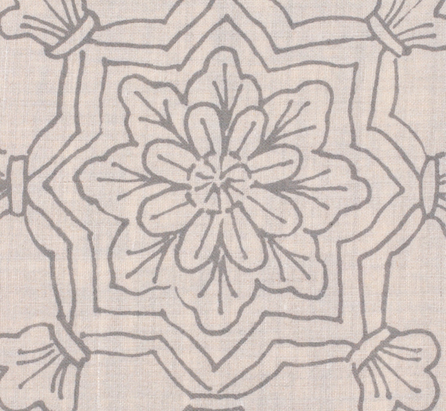 Detail of fabric in a floral medallion print in gray on a cream field.