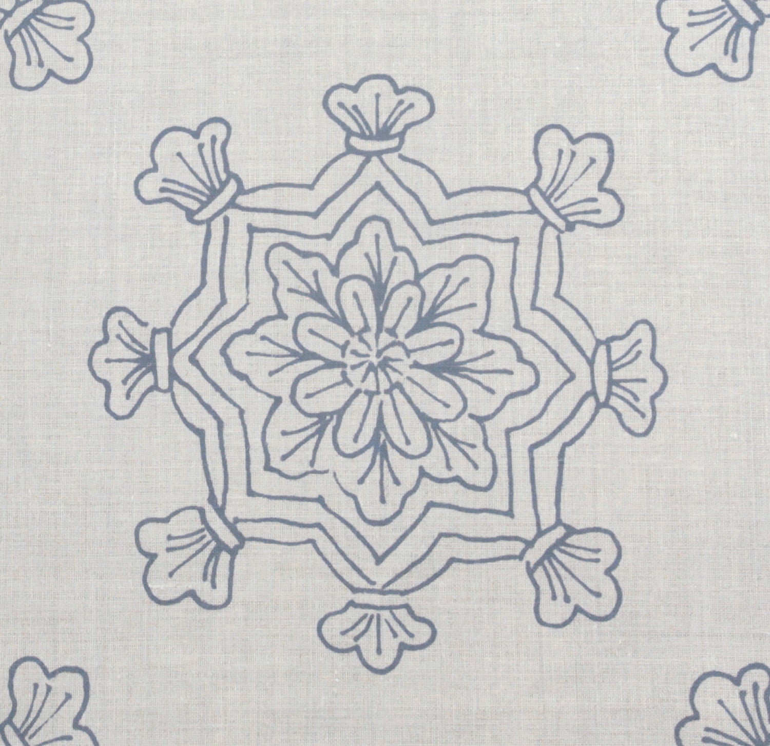 Detail of fabric in a floral medallion print in light blue on a cream field.