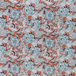 printed linen fabric in a painterly floral pattern in shades of blue and gray on a rust field.