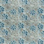 printed linen fabric in a painterly floral pattern in shades of blue and brown on a greige field.