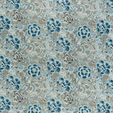 printed linen fabric in a painterly floral pattern in shades of blue and brown on a greige field.