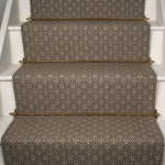 Diamond flatweave runner in grey and tan on white staircase