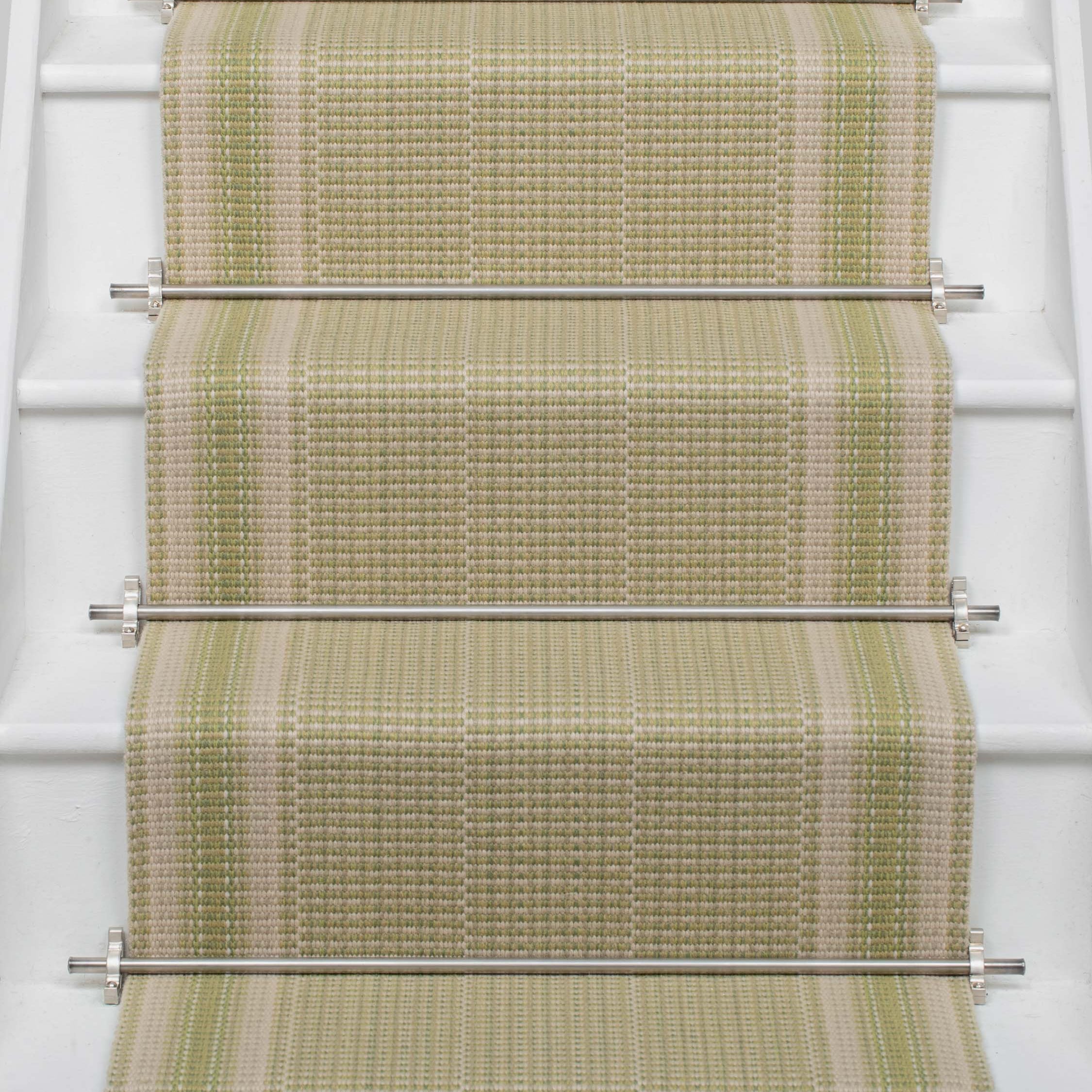 Striped flatweave runner in sage on white staircase 