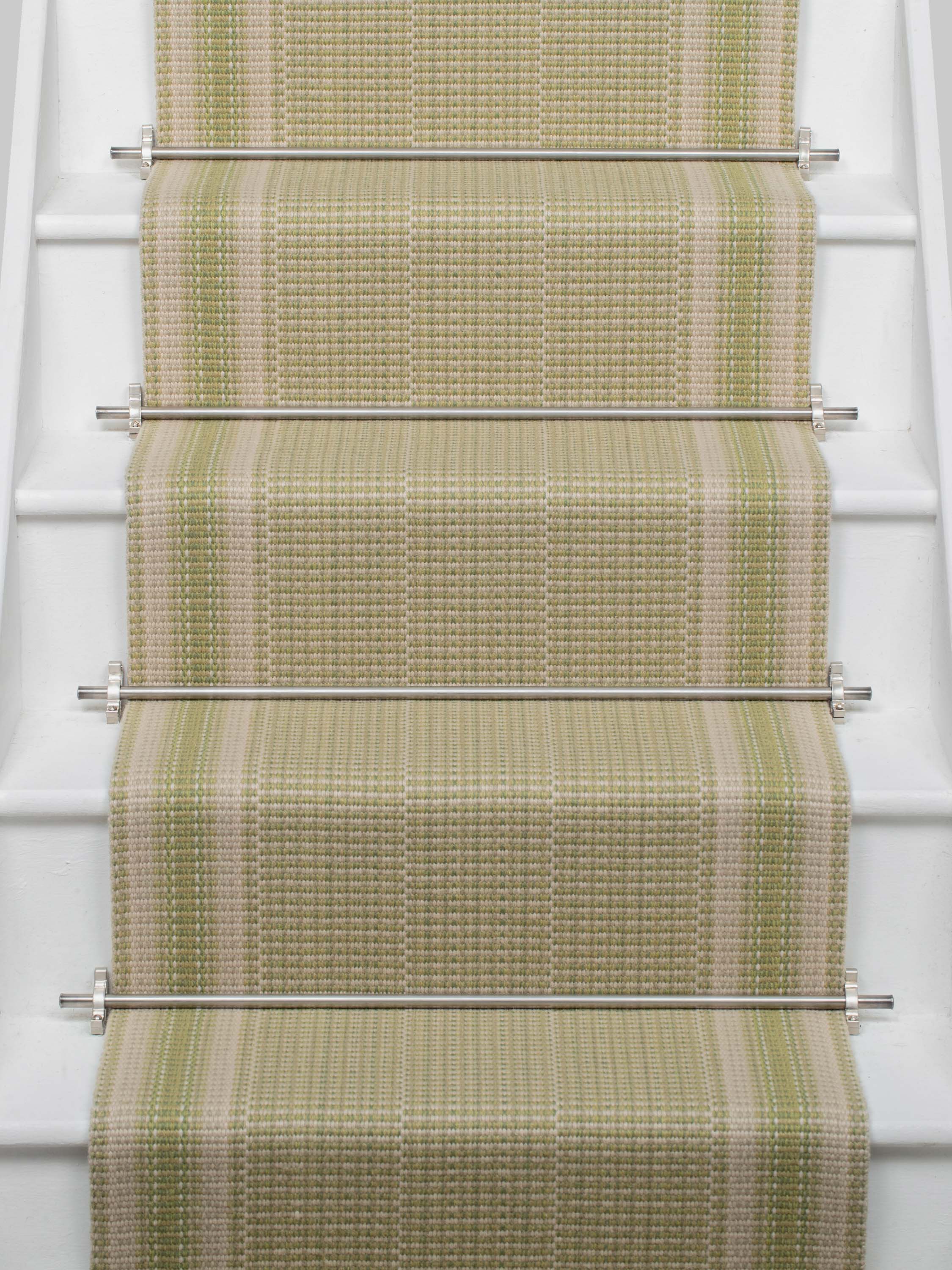 Striped flatweave runner in sage on white staircase 