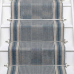 Striped flatweave runner in blue on white staircase 